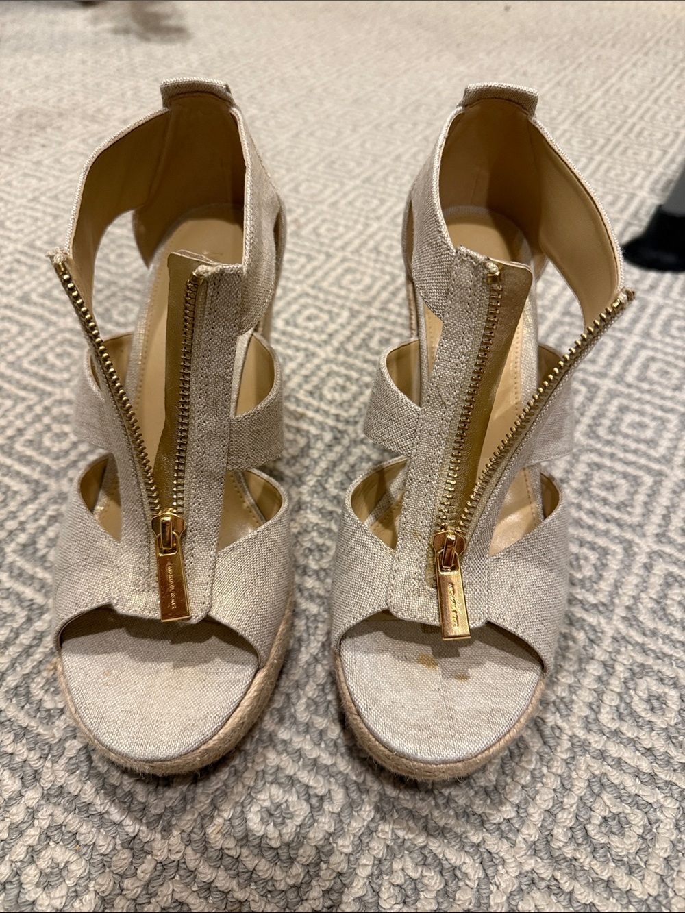 MICHAEL Michael Kors Natural Linen Platform Wedge Sandals with Gold Zippers